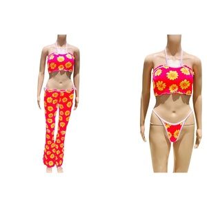 Bright pink & bright yellow floral swimwear top, thong & top